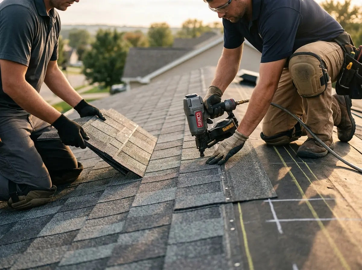 Professional roofer working on a residential roof in North Whitehall